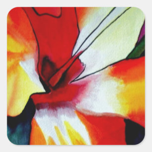Sticker Carré Orange Hibiscus fleurs tropicales aquarelle art