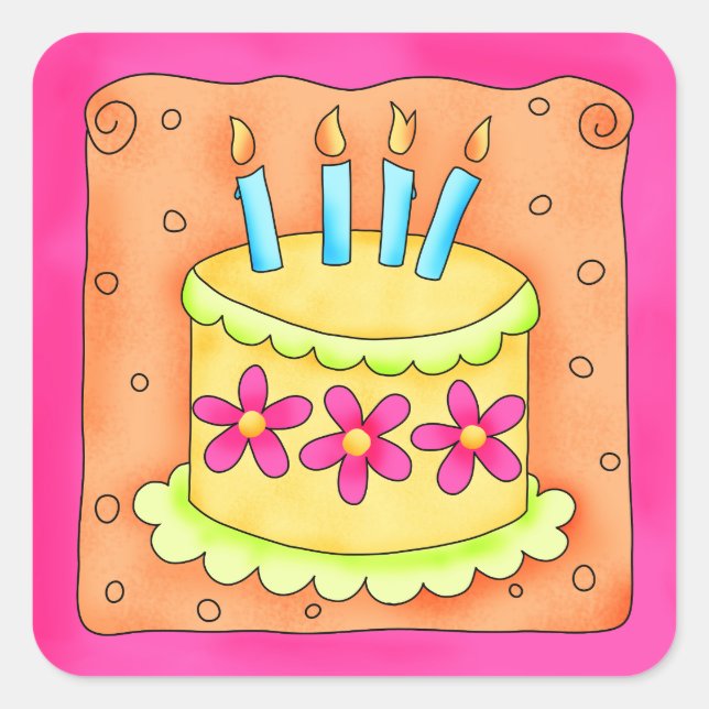 Sticker Carré Orange Jaune Joyeux gâteau d'anniversaire bougies (Devant)