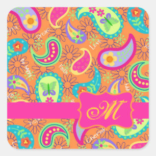 Sticker Carré Orange Modern Paisley Whimsy Motif