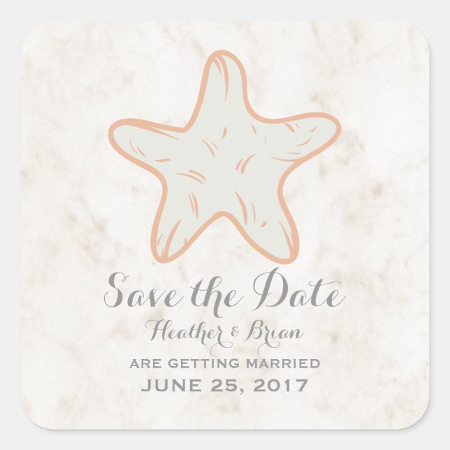 Sticker Carré Orange Rustic Starfish Enregistrer la date (Devant)