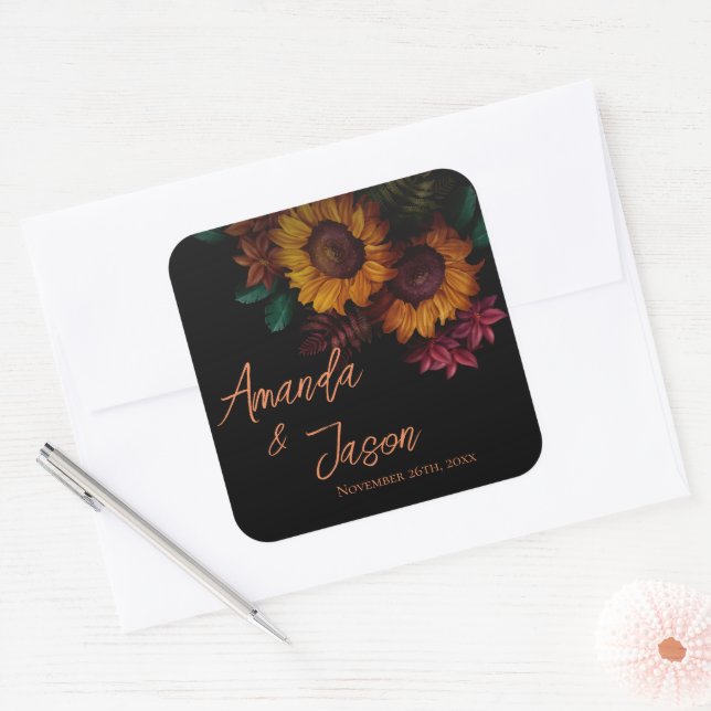 Sticker Carré Orange Rustique Brûlé Joli Mariage Floral (Enveloppe)