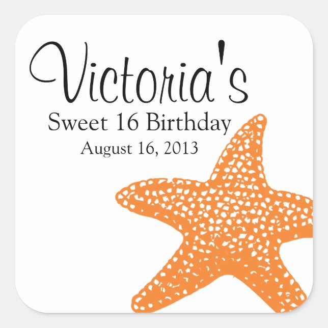 Sticker Carré Orange Starfish Beach Anniversaire (Devant)