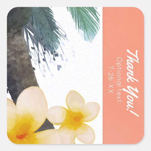 Sticker Carré Orange Tropical Palm Tree & Plumeria Summer Party (Devant)