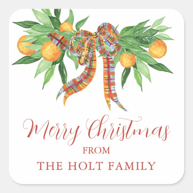 Sticker Carré Oranges d'aquarelle Plaid Bow Christmas (Devant)