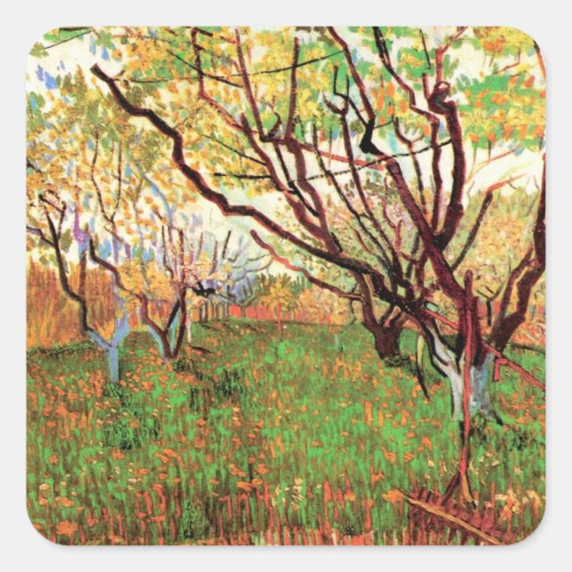 Sticker Carré Orchard à Blossom par Vincent van Gogh (Devant)