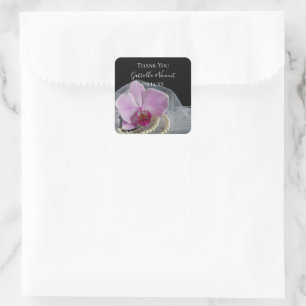 Sticker Carré Orchidée rose sur le Merci Mariage noir Favor bali