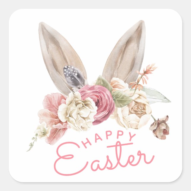 Sticker Carré Oreilles de lapin floral | Bonne Pâques (Devant)