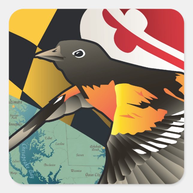 Sticker Carré Oriole citoyen, oiseau d'État du Maryland (Devant)