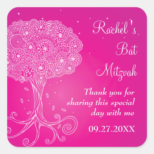 Sticker Carré Ornate Tree of Life Bat mitzvah rose (Devant)