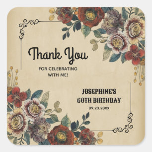 Sticker Carré Ornement Vintage Floral Anniversaire Remerciement
