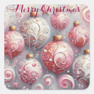 Sticker Carré Ornements de Noël impressionniste Whimsical rose