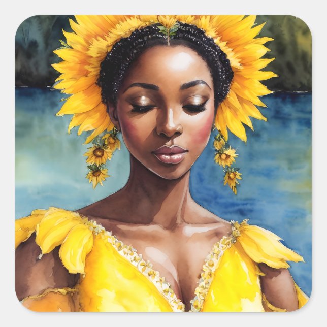 Sticker Carré Oshun Afrique Orisha Aquarelle Art (Devant)
