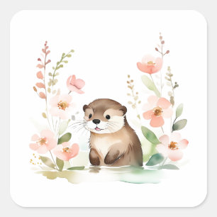 Sticker Carré Otter Adorable Avec Fleurs