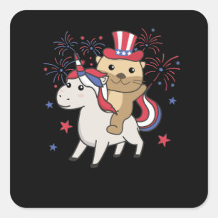 Sticker Carré Otter Avec Unicorn Pour Le 4 Juillet Feu D'Oeuvre