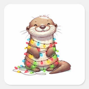 Sticker Carré Otter de Noël mignonne et festive enveloppé dans l