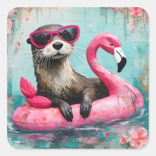 Sticker Carré Otter flottant sur un Flamant rose rose drôle Coll