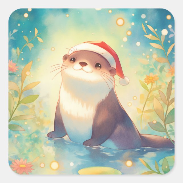 Sticker Carré Otter in Santa Hat in Pond with Flowers and Bokeh  (Devant)