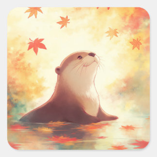 Sticker Carré Otter in Water with Falling Autumn Maple Leaves