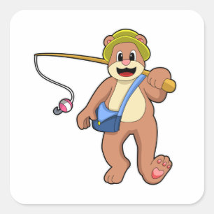 Sticker Carré Ours à la pêche avec une baguette de pêche