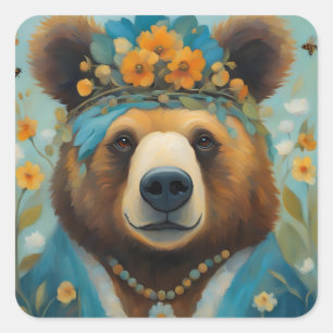 Sticker Carré Ours adorable dans une couronne avec des fleurs Hi