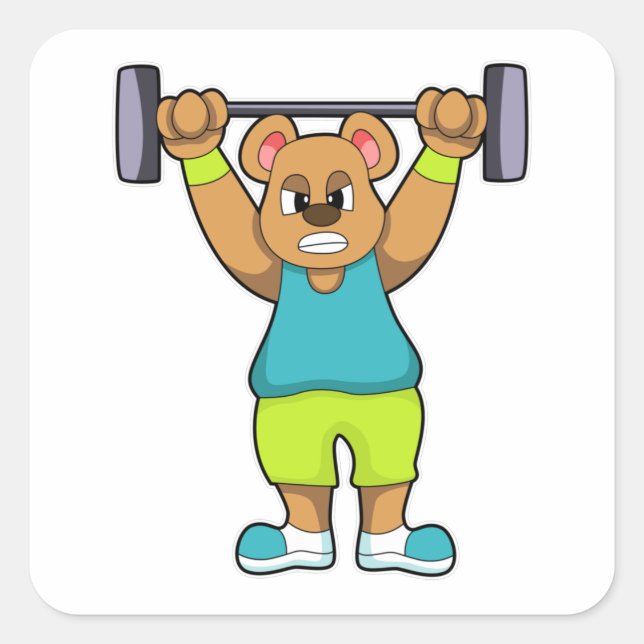 Sticker Carré Ours au Bodybuilding avec Barbell (Devant)