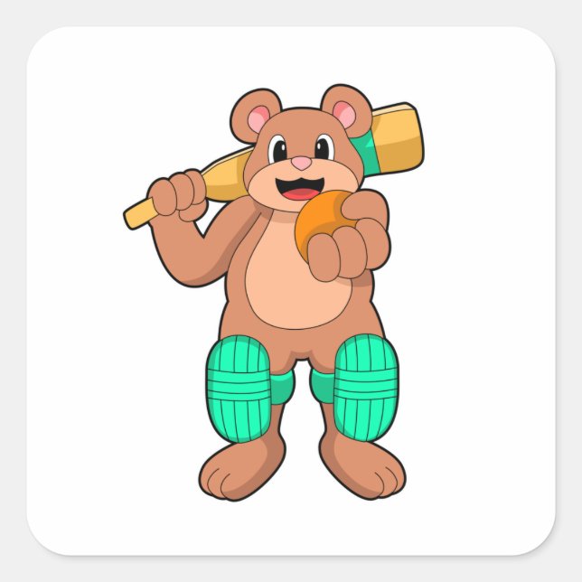 Sticker Carré Ours au cricket avec chauve-souris de cricket (Devant)