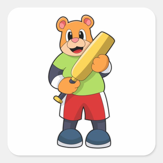 Sticker Carré Ours au cricket avec chauve-souris de cricket (Devant)