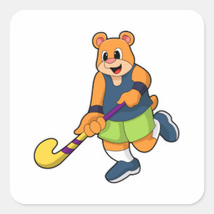 Sticker Carré Ours au hockey avec chauve-souris de hockey