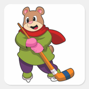 Sticker Carré Ours au hockey sur glace avec bâton de hockey sur 