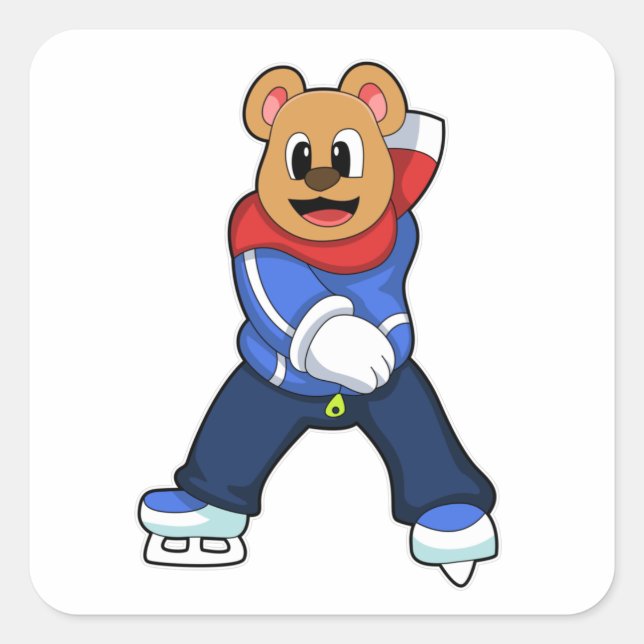 Sticker Carré Ours au patinage sur glace avec patins sur glace (Devant)