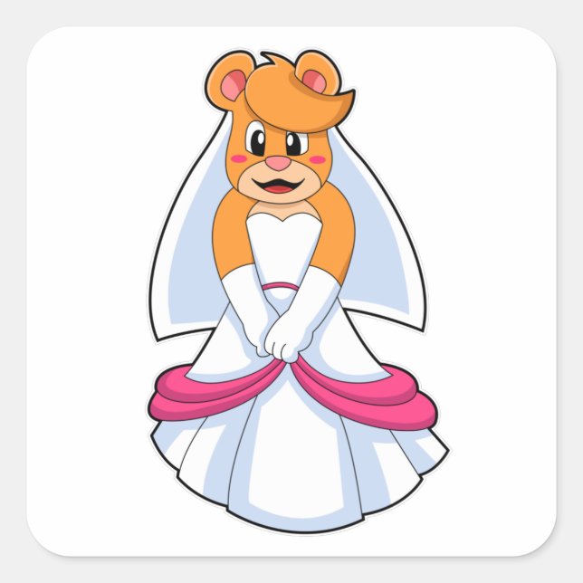 Sticker Carré Ours avec robe Mariage & Voile (Devant)
