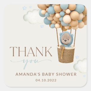 Sticker Carré Ours, Ballons Bleus, Ballons à Air Chaud, Baby sho