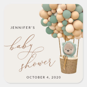 Sticker Carré Ours, Ballons verts, Ballons à air chaud, Baby sho
