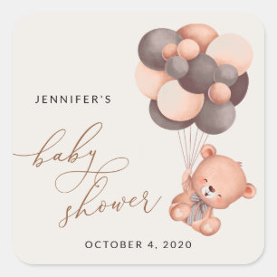 Sticker Carré ours bébé, ours en peluche, ballons Brown, Baby sh