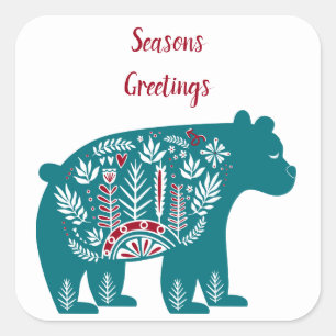 Sticker Carré Ours bleu et rouge scandinave nordique