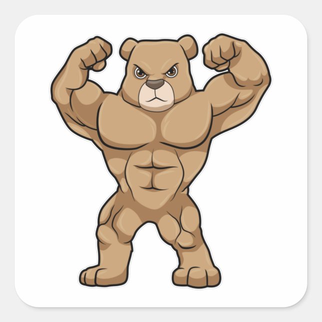 Sticker Carré Ours comme Bodybuilder avec de grands Muscles (Devant)