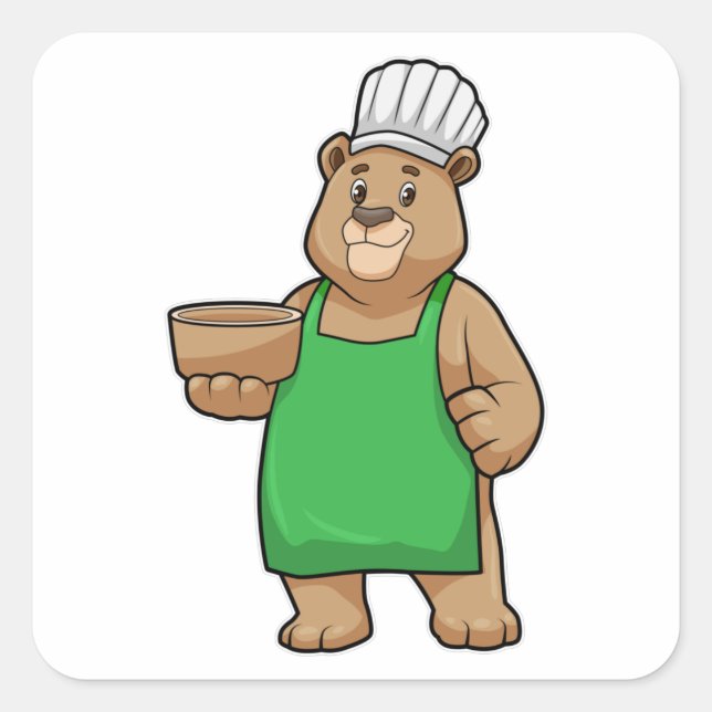 Sticker Carré Ours comme cuire avec tablier de Cuisine et bol en (Devant)