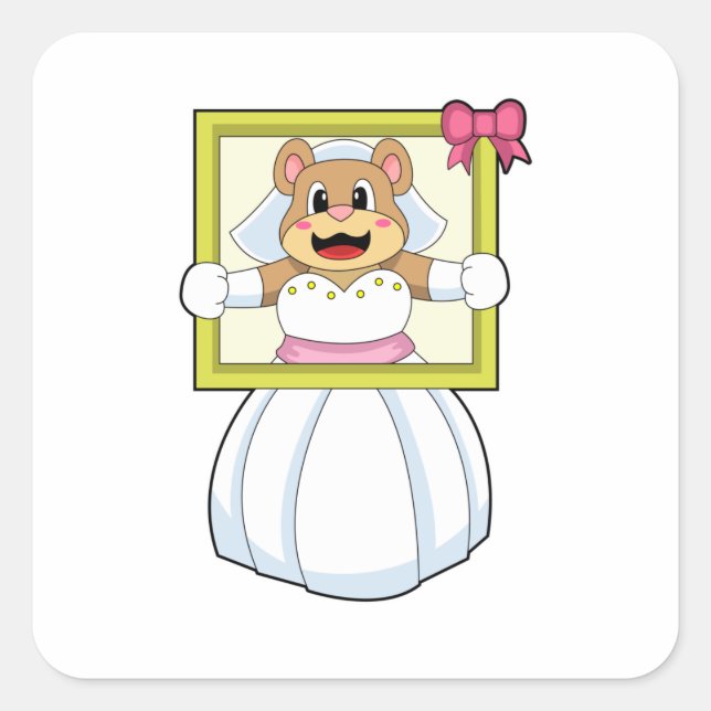 Sticker Carré Ours comme mariée avec robe Mariage et cadre photo (Devant)