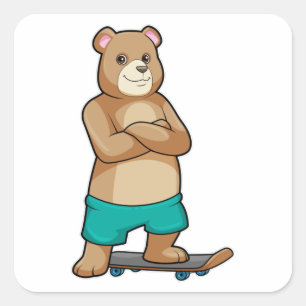 Sticker Carré Ours comme patineur avec skateboard