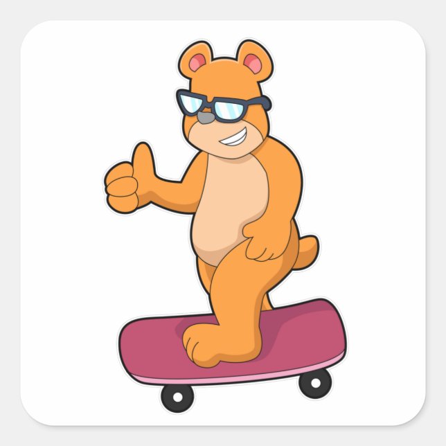 Sticker Carré Ours comme patineur avec skateboard (Devant)