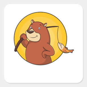 Sticker Carré Ours comme pêcheur avec poisson