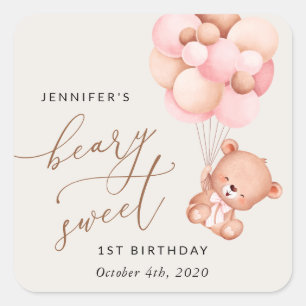 Sticker Carré Ours De Bébé, Ballons Roses, Premier Anniversaire