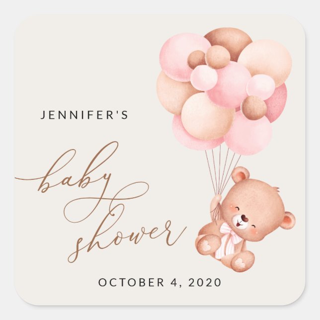 Sticker Carré Ours De Bébé, Ours En Teddy, Ballons Roses, Baby s (Devant)