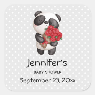 Sticker Carré Ours de Panda mignonne avec bouquet de Rose Enregi