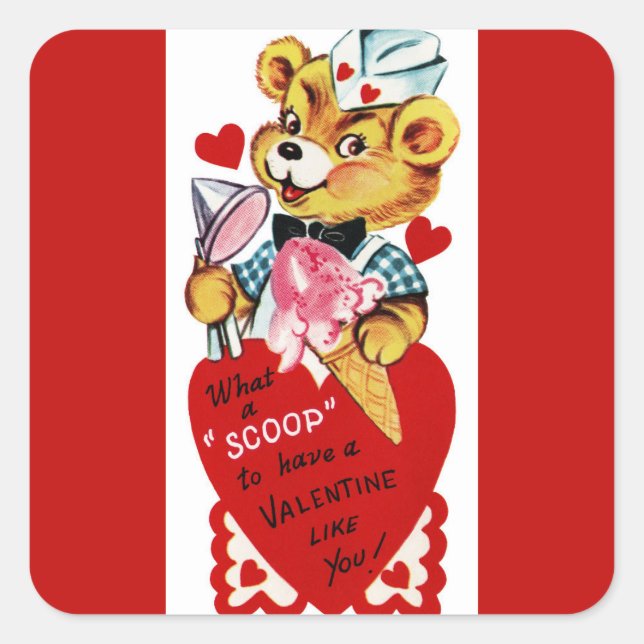 Sticker Carré Ours de Saint Valentin et crème glacée (Devant)