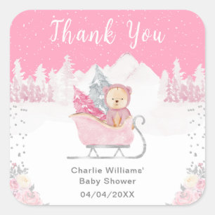 Sticker Carré Ours d'hiver Rose Traîneau Baby Shower Merci
