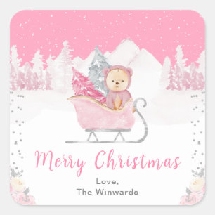 Sticker Carré Ours d'hiver Rose Traîneau Joyeux Noël