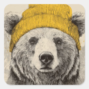 Sticker Carré Ours en bonnet jaune Animaux de la forêt rustique