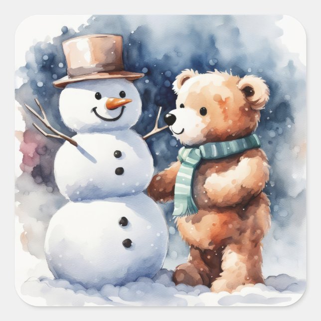 Sticker Carré Ours En Conduite D'Hiver Et Snowman (Devant)