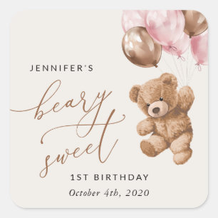 Sticker Carré Ours En Joue, Ballons Roses, Premier Anniversaire